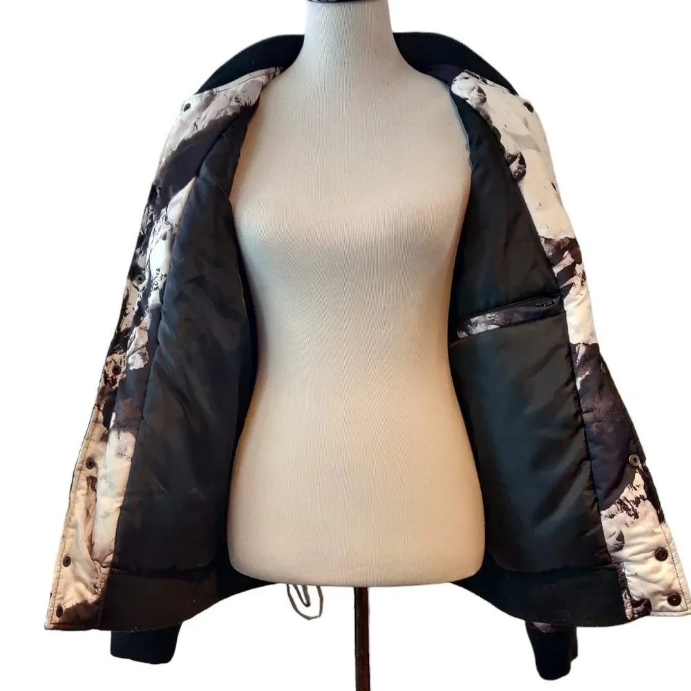 Punk Royal Mens Black White Marbled Tie Dye Snaps Arm Patches Bomber Jacket L - Picture 4 of 11